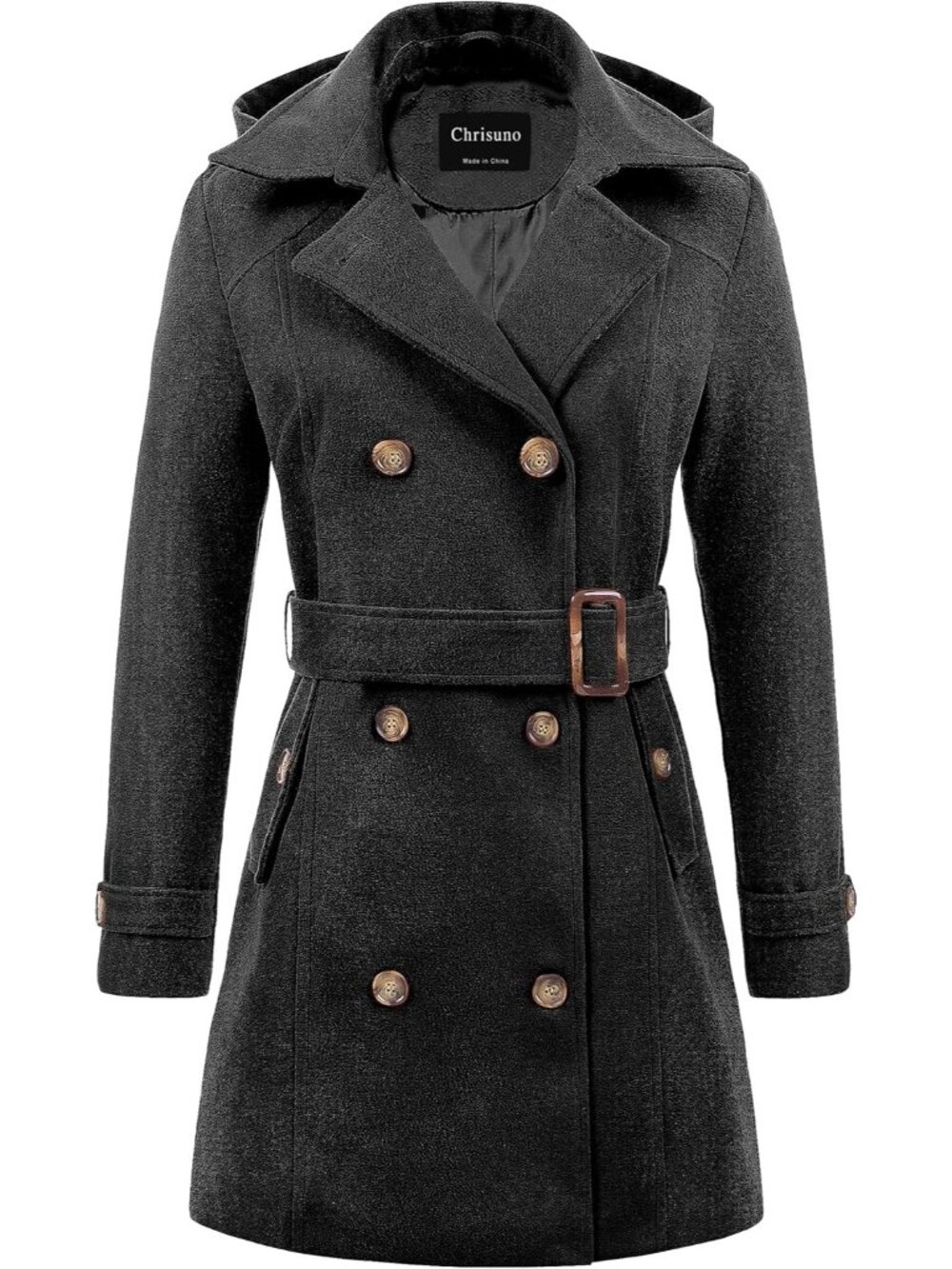 Women's Grey Detachable Hood Long Double Breasted Belted Mid-Length Trench Coat